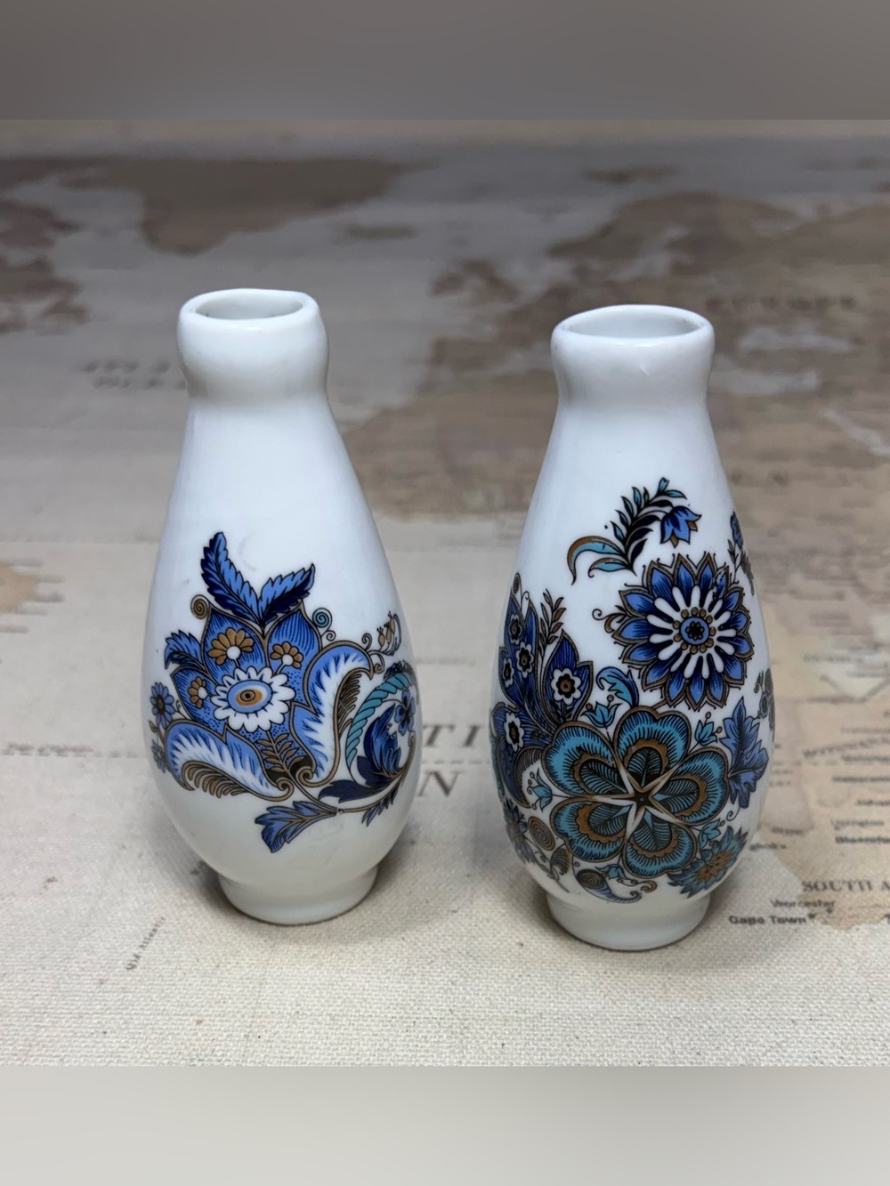 Vintage Porcelain Mini (3.75”) Bud Vases Blue Gold Floral Transferware Set of 2
